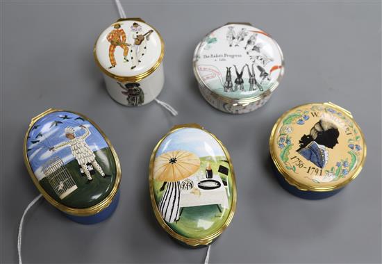 Five Halcyon Days Glyndebourne enamelled boxes, including three musical boxes,